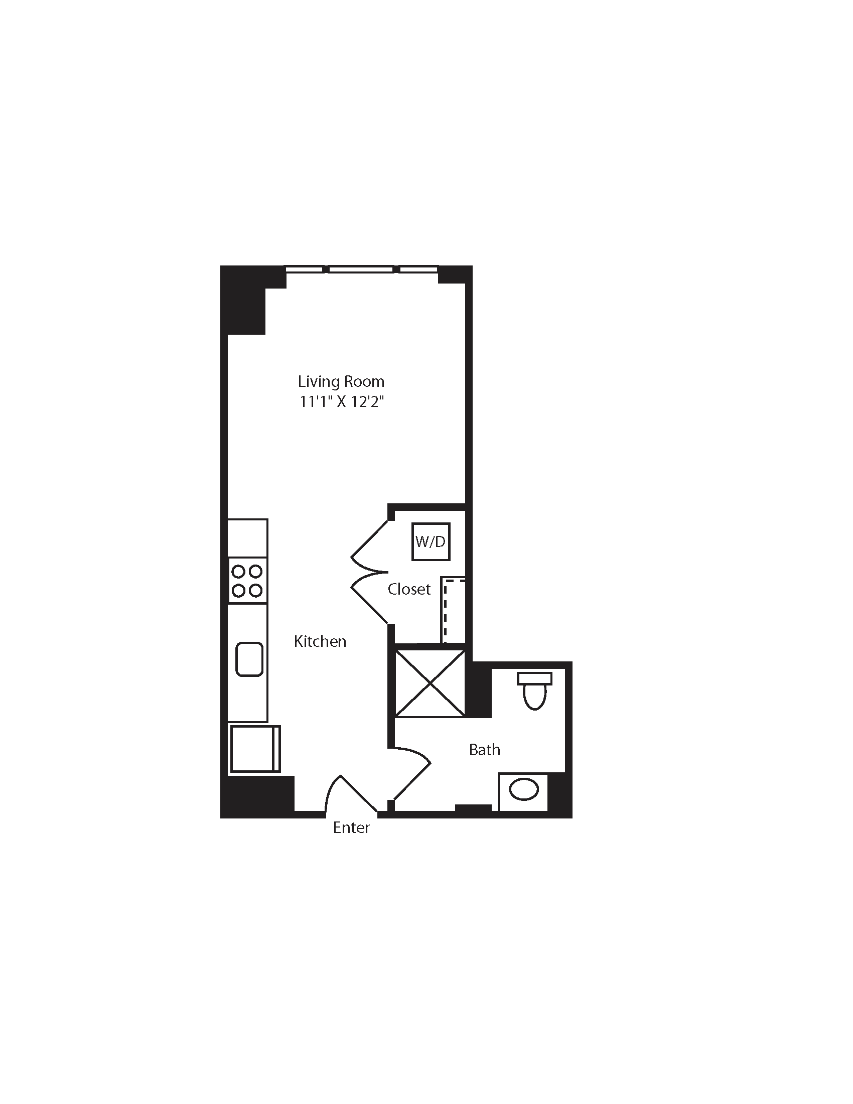 Floor plan for studio, 1 bath, 447 sqft
