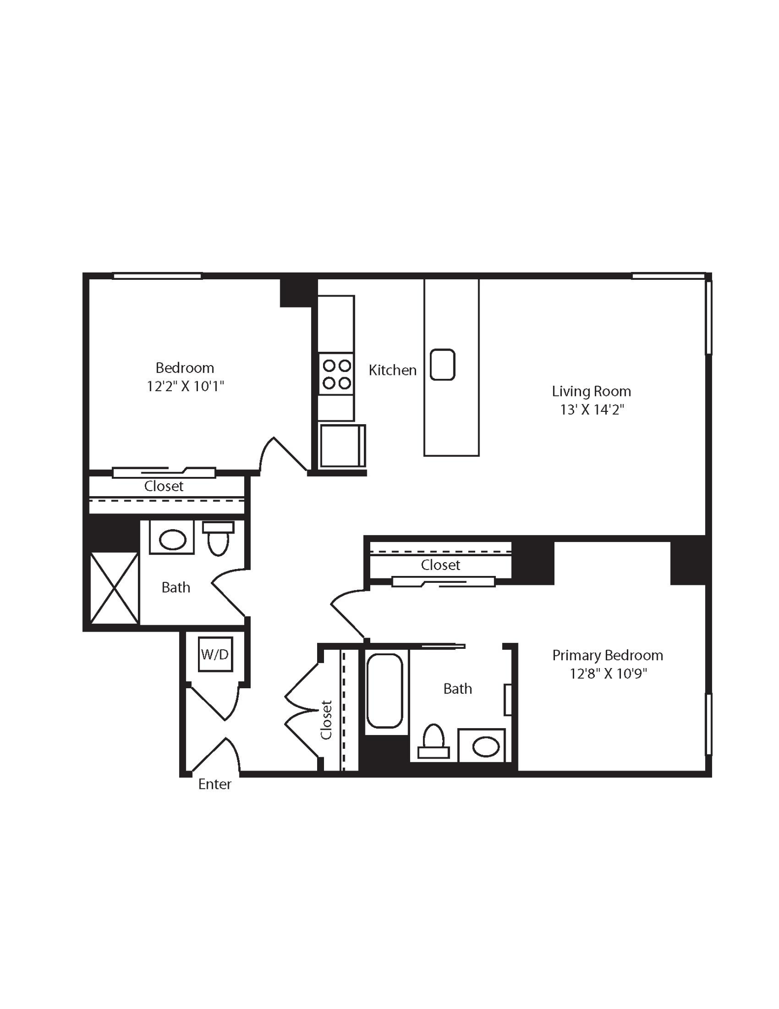 Floor plan for 2 beds, 2 baths, 1083 sqft