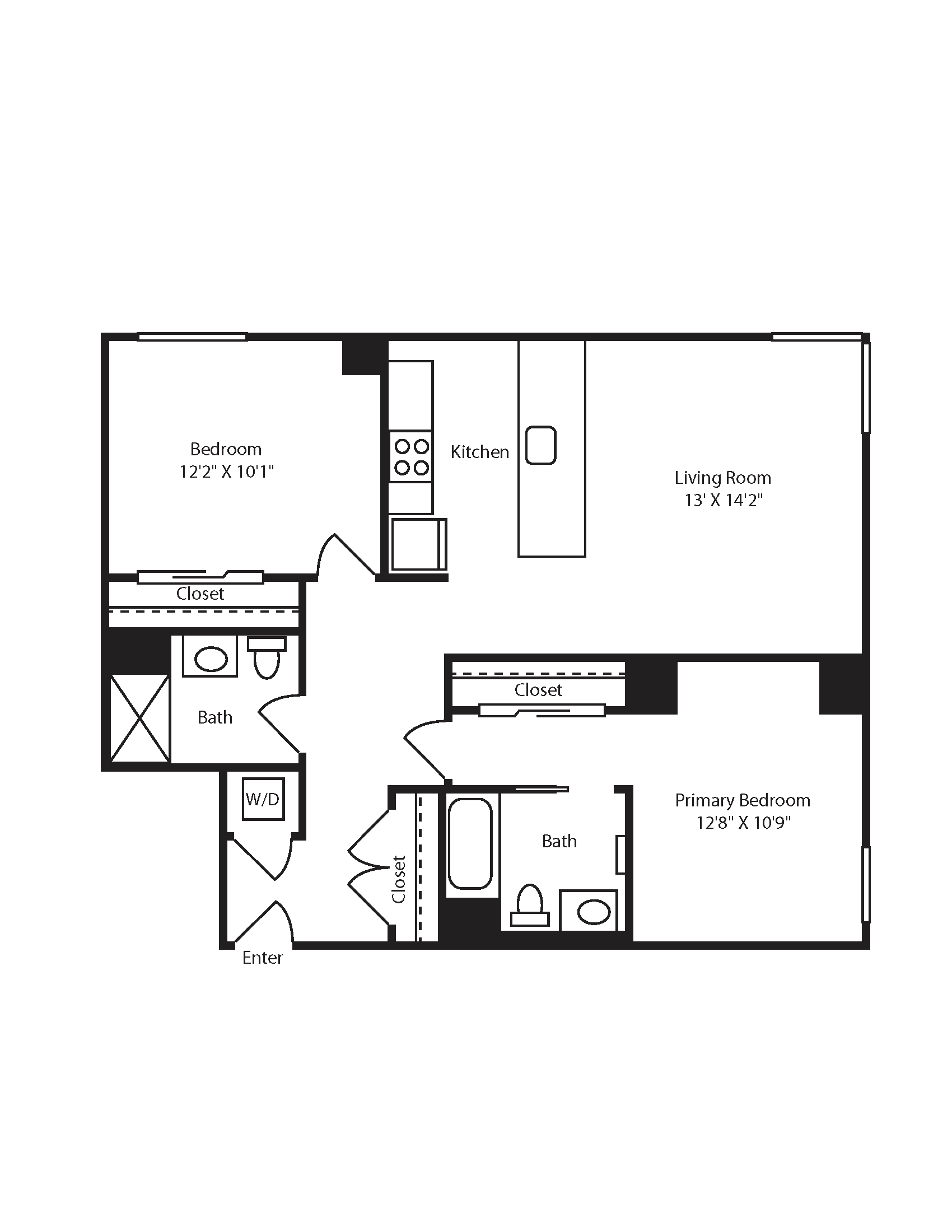 Floor plan for 2 beds, 2 baths, 1083 sqft