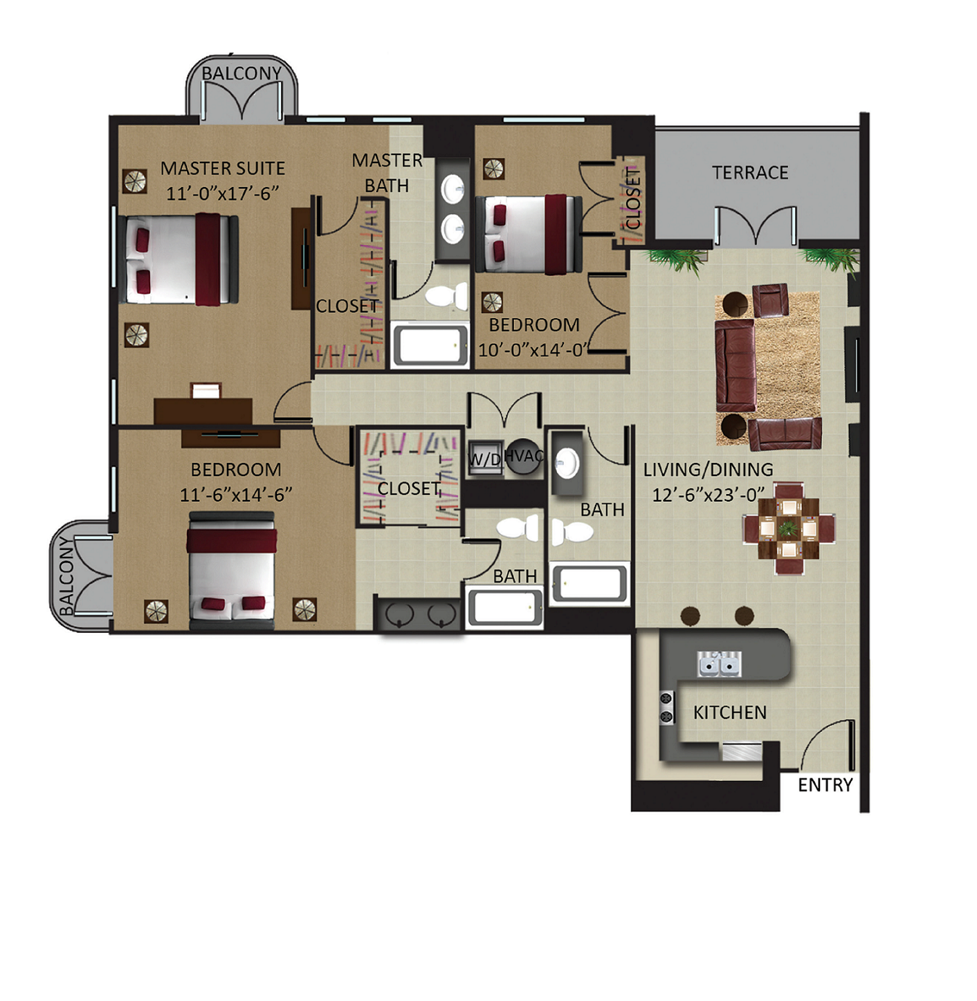 Floor plan for 3 beds, 3 baths, 1455 sqft