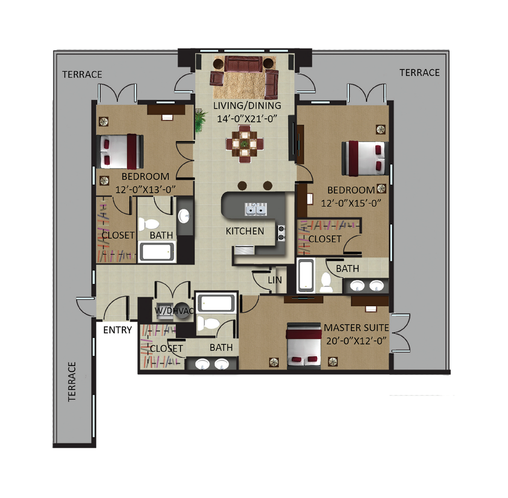 Floor plan for 3 beds, 3 baths, 1560 sqft