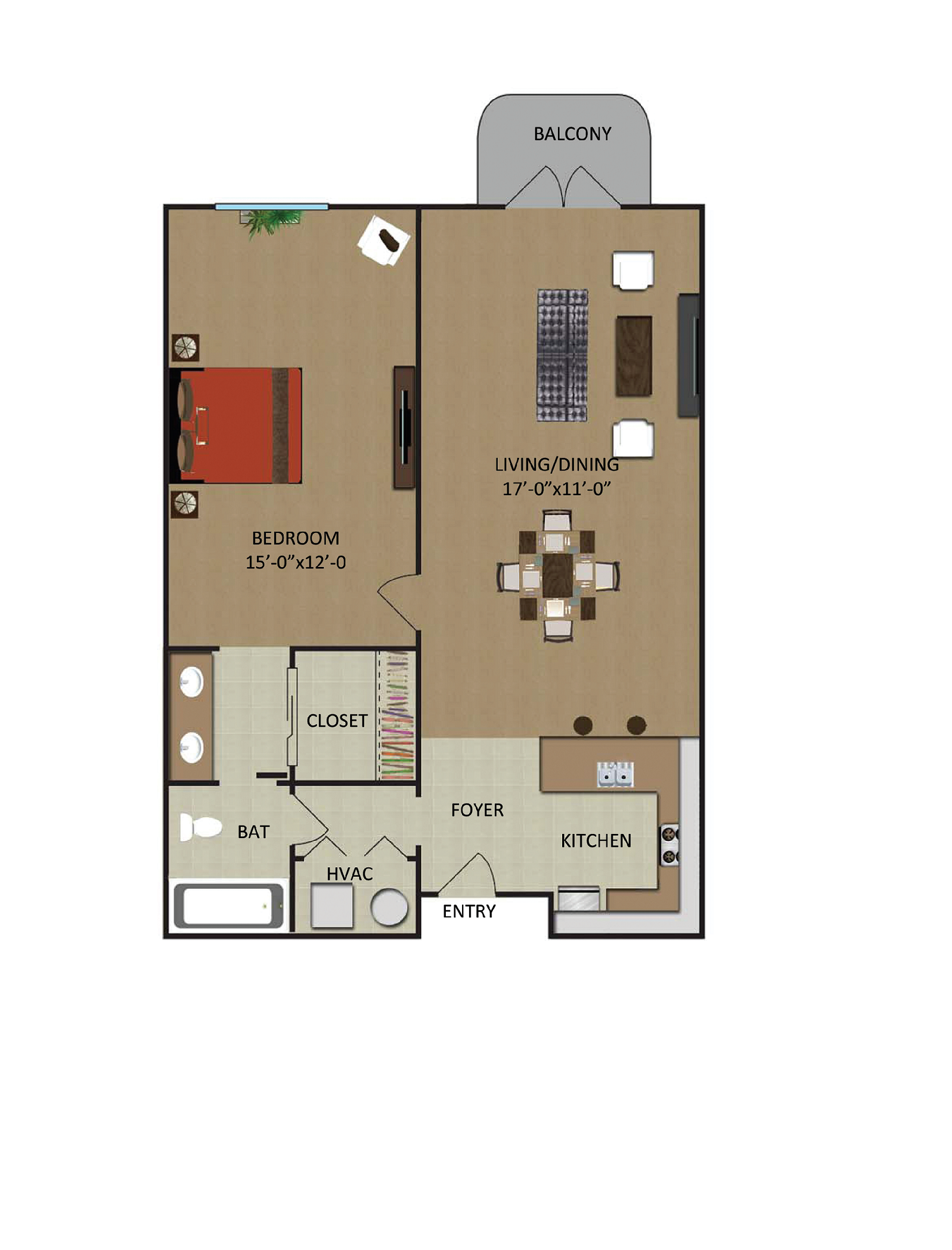Floor plan for 1 bed, 1 bath, 763 sqft