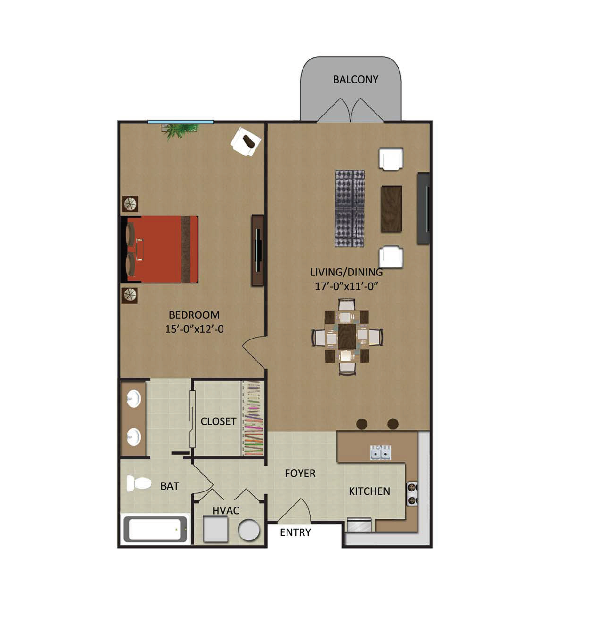 Floor plan for 1 bed, 1 bath, 763 sqft