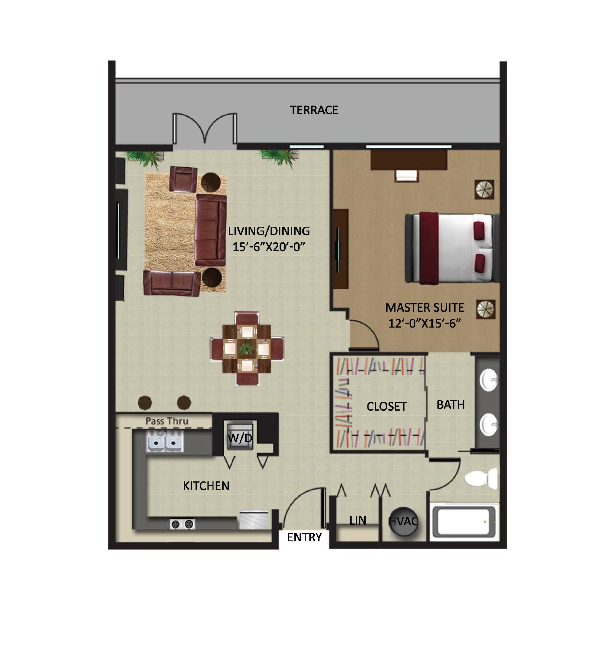 Floor plan for 1 bed, 1 bath, 788 sqft