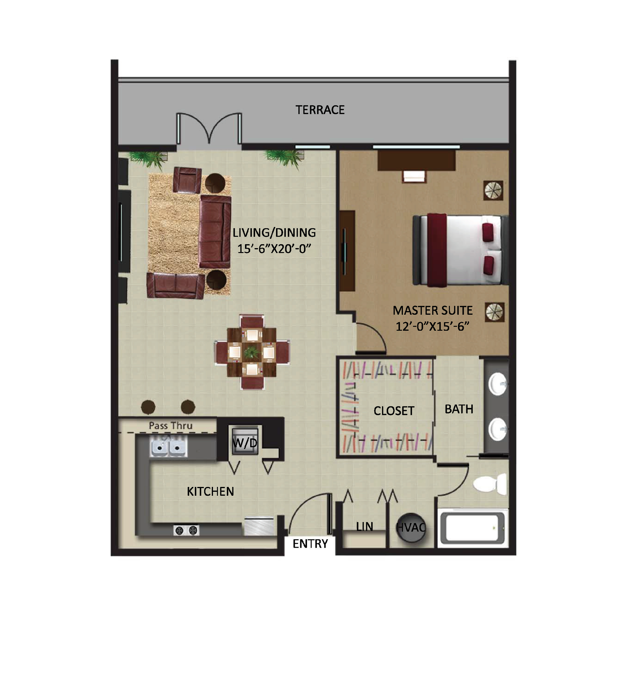 Floor plan for 1 bed, 1 bath, 788 sqft