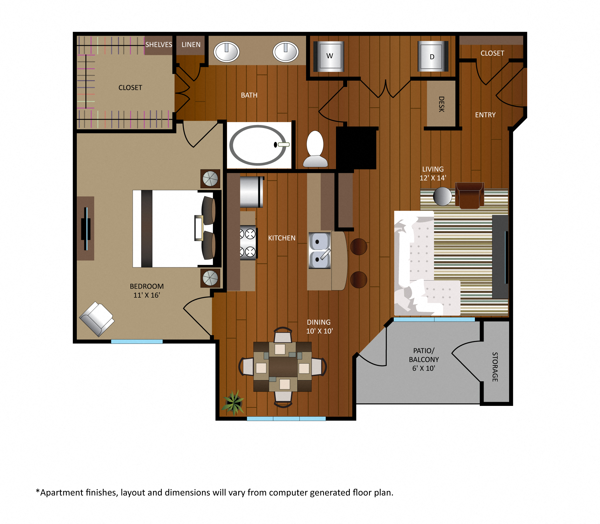 Floor plan for 1 bed, 1 bath, 914 sqft