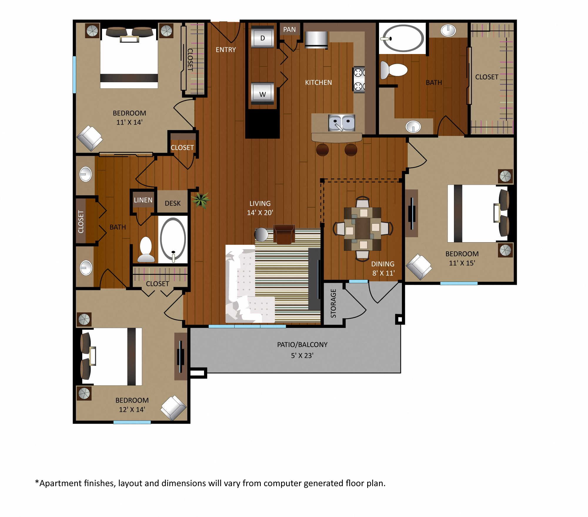 Floor plan for 3 beds, 2 baths, 1676 sqft