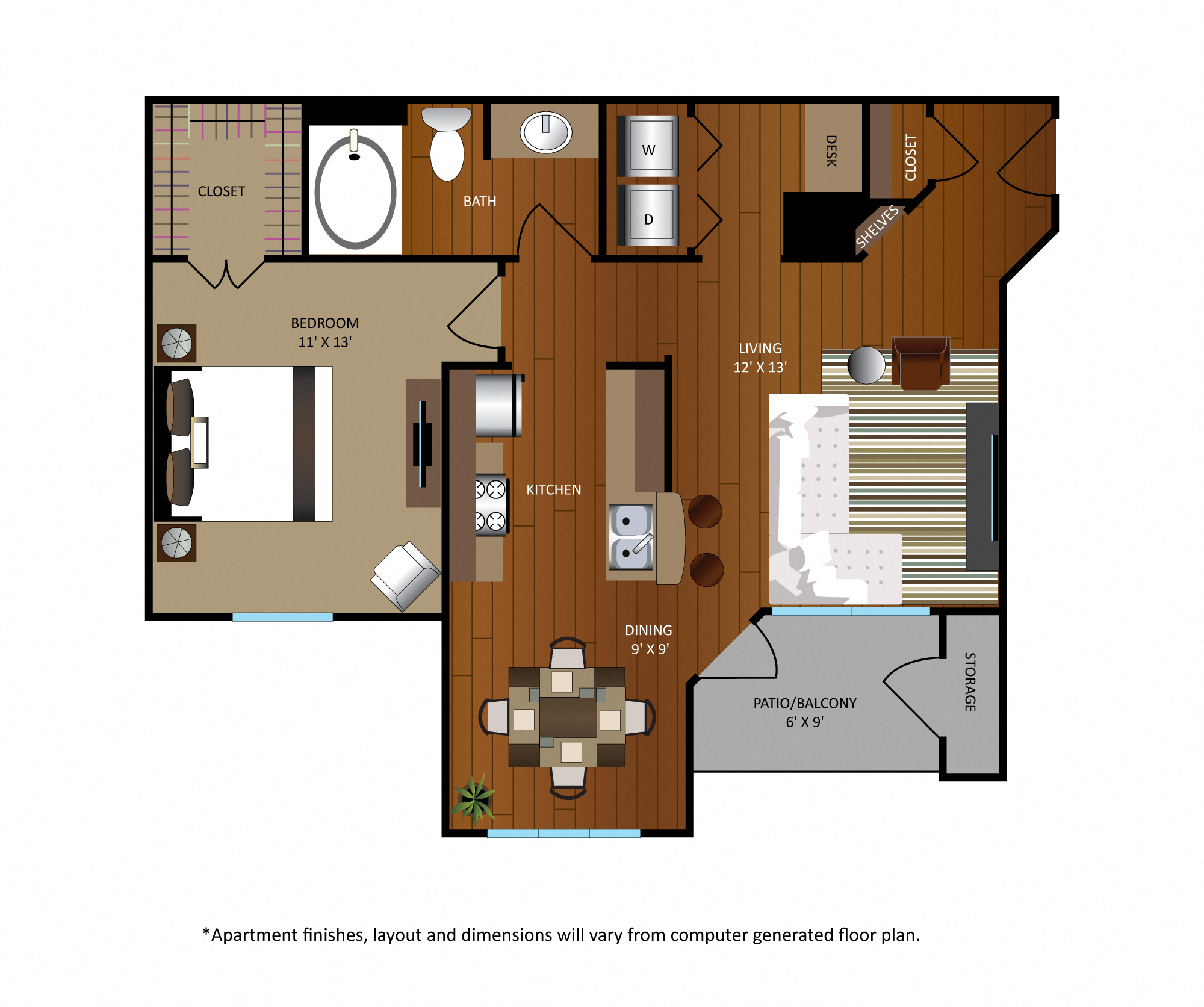 Floor plan for 1 bed, 1 bath, 806 sqft