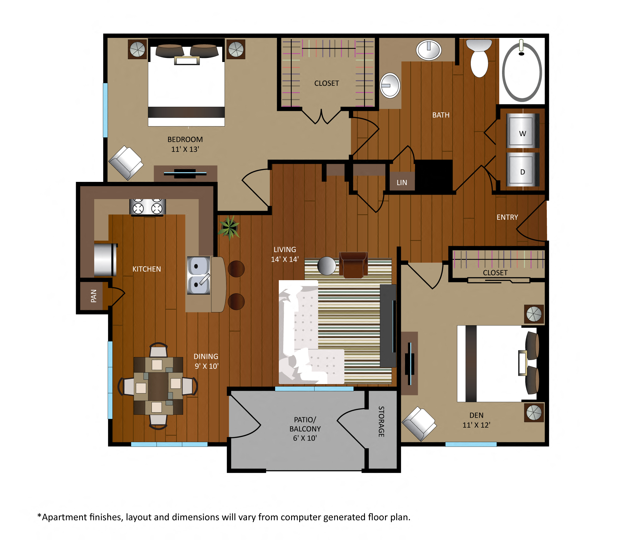 Floor plan for 2 beds, 1 bath, 1101 sqft