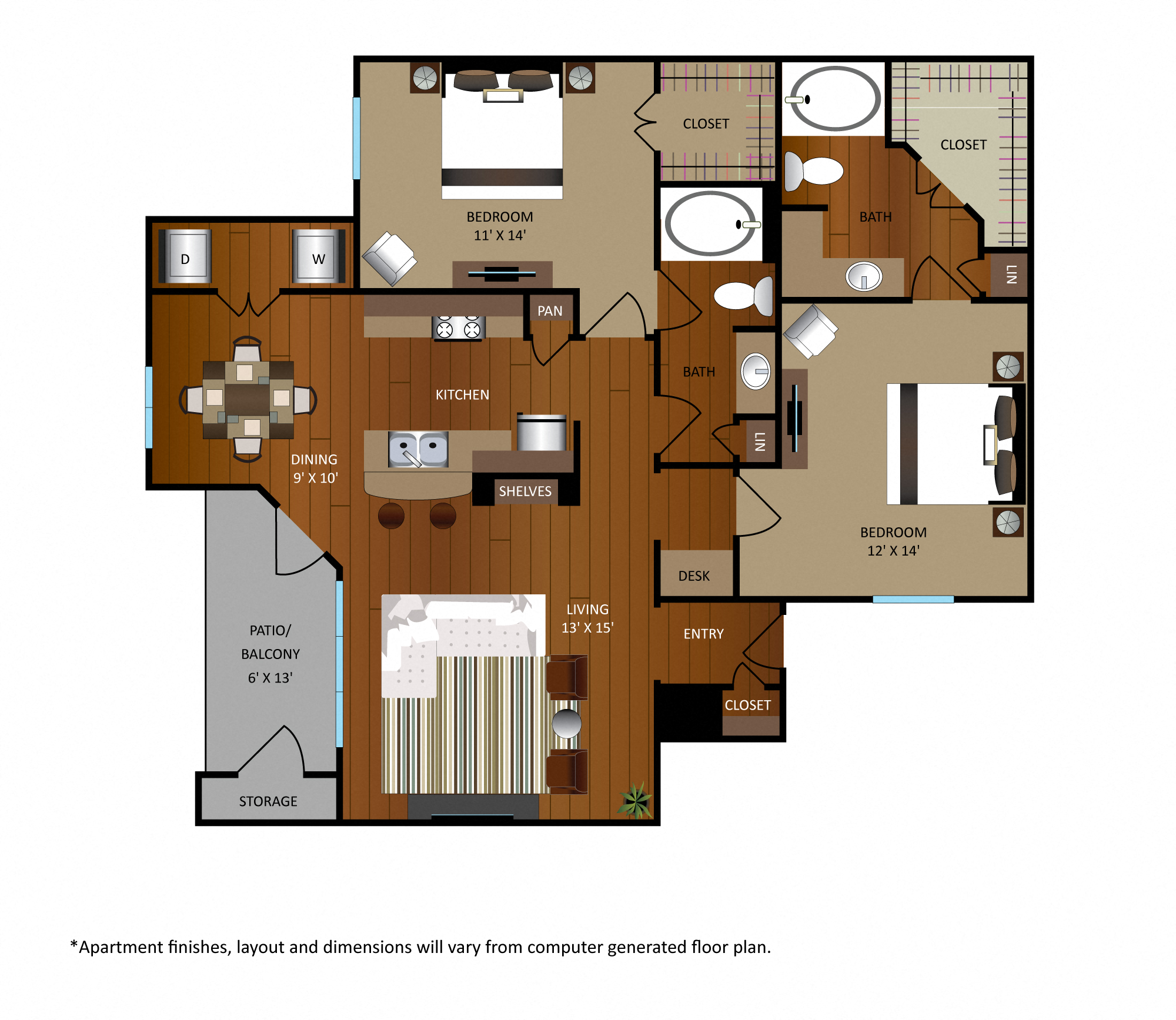 Floor plan for 2 beds, 2 baths, 1302 sqft