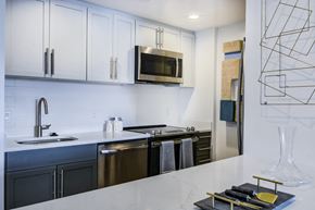 Cambridge apartment for rent - a kitchen with a counter top and a sink and a microwave