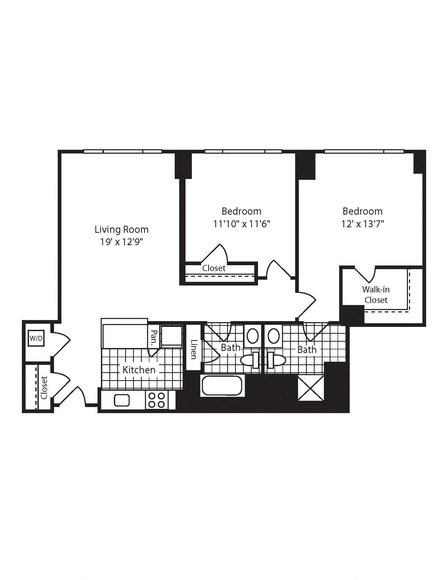 Floor plan for 2 beds, 2 baths, 1177 sqft