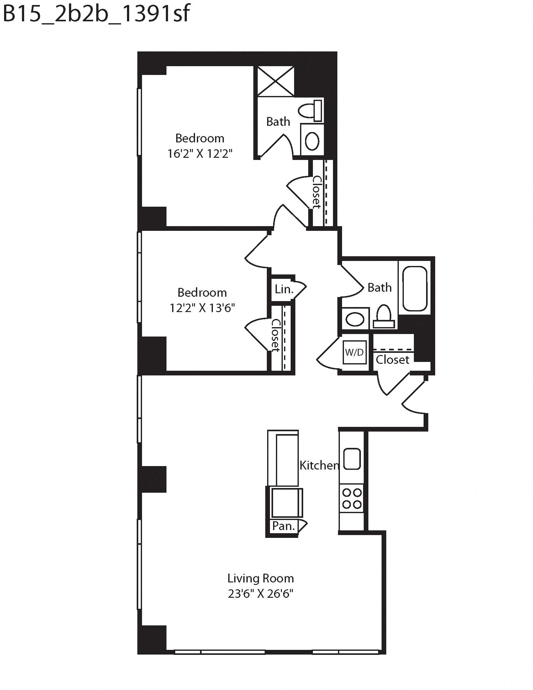 Floor plan for 2 beds, 2 baths, 1391 sqft