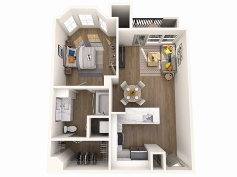 Floor plan for 1 bed, 1 bath, 708 sqft