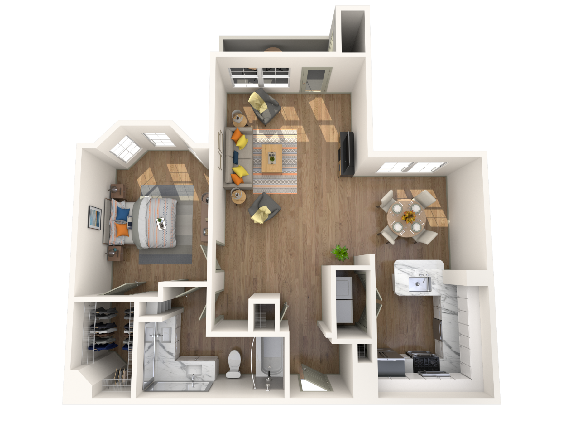 Floor plan for 1 bed, 1 bath, 989 sqft