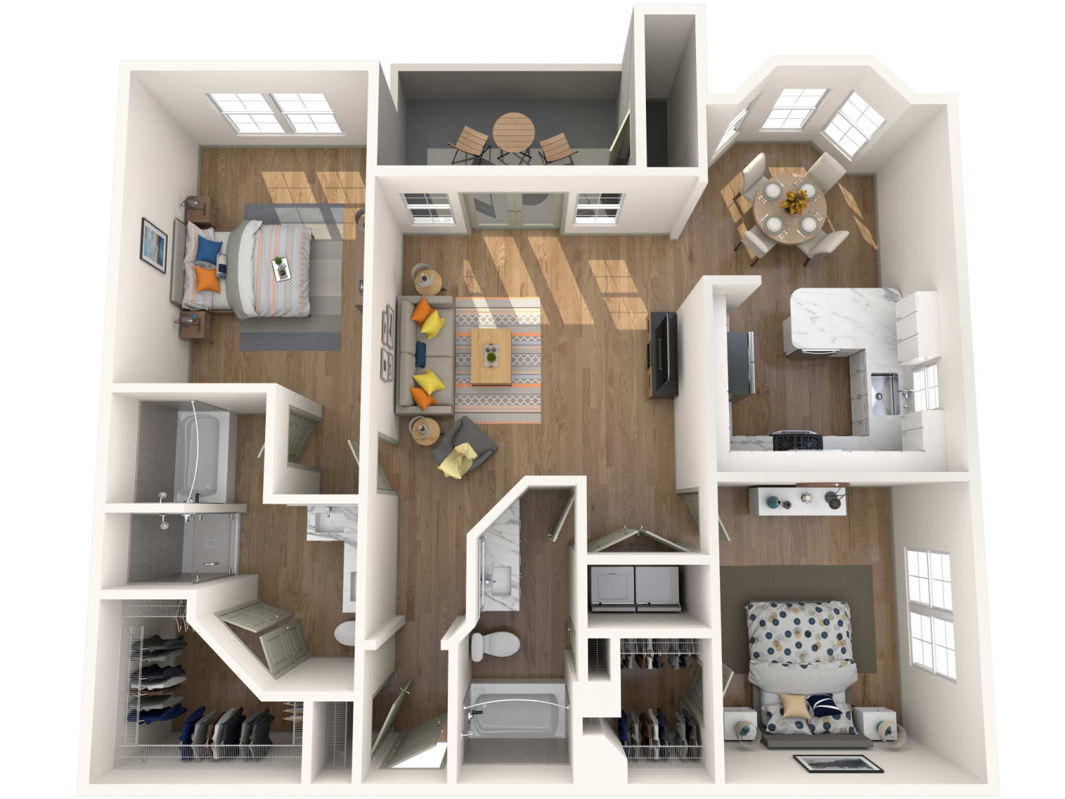 Floor plan for 2 beds, 2 baths, 1390 sqft