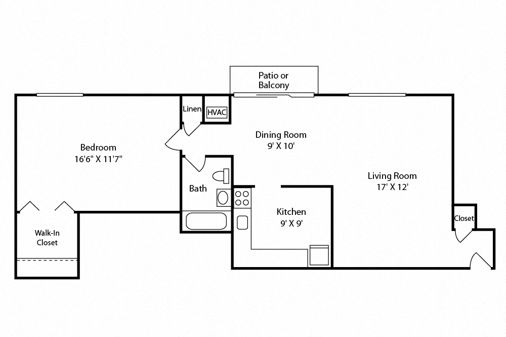 Floor plan for 1 bed, 1 bath, 700 sqft