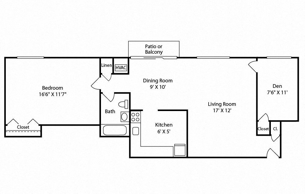 Floor plan for 1 bed, 1 bath, 715 sqft