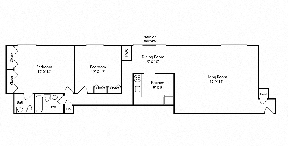 Floor plan for 2 beds, 1.5 baths, 945 sqft