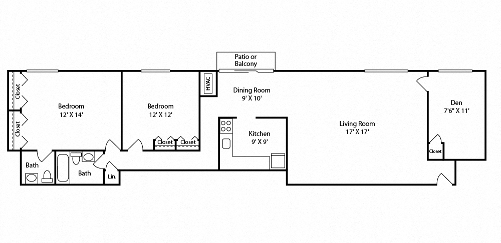 Floor plan for 2 beds, 1.5 baths, 1030 sqft