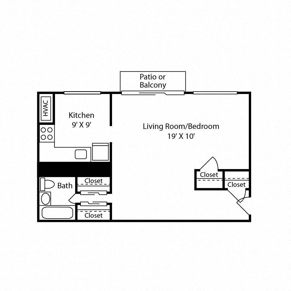 Floor plan for studio, 1 bath, 600 sqft