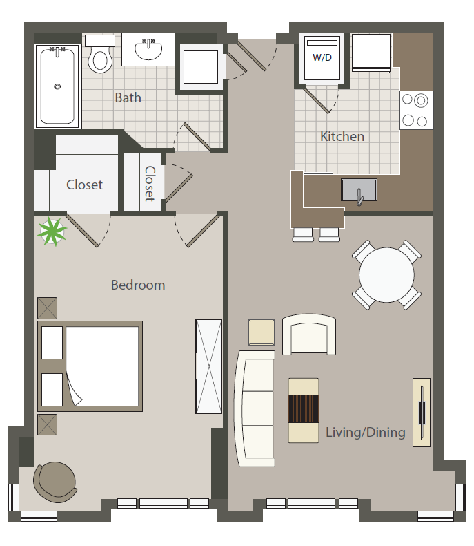Floor plan for 1 bed, 1 bath, 726 sqft