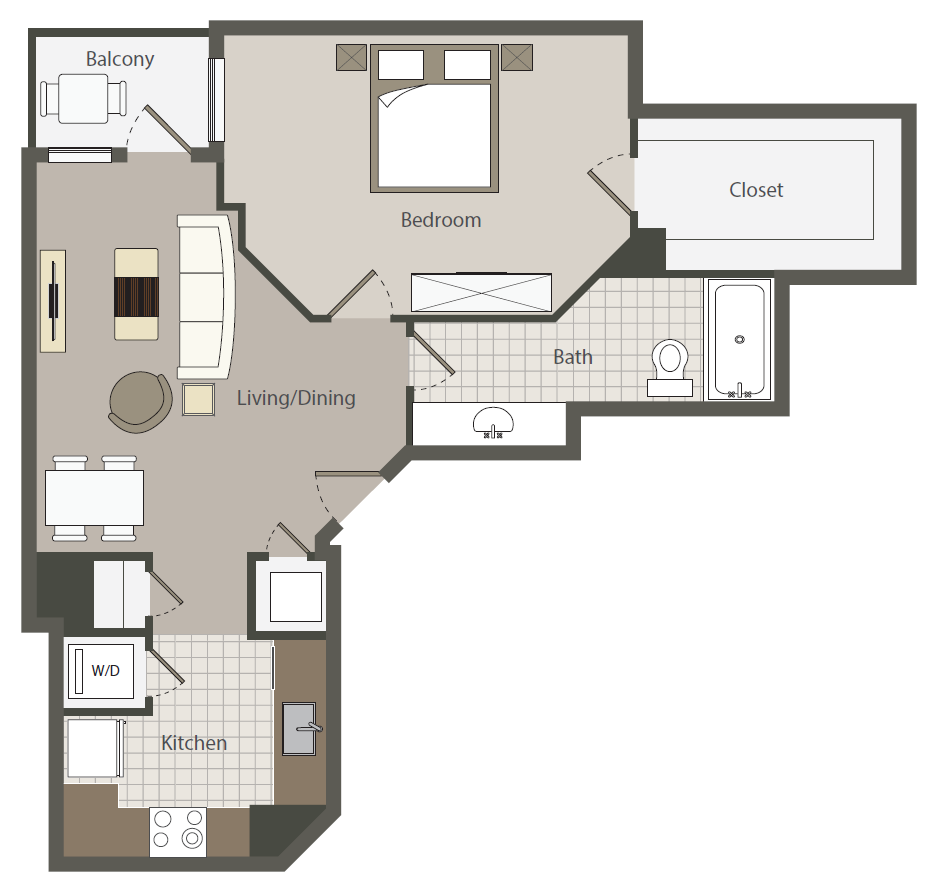 Floor plan for 1 bed, 1 bath, 644 sqft