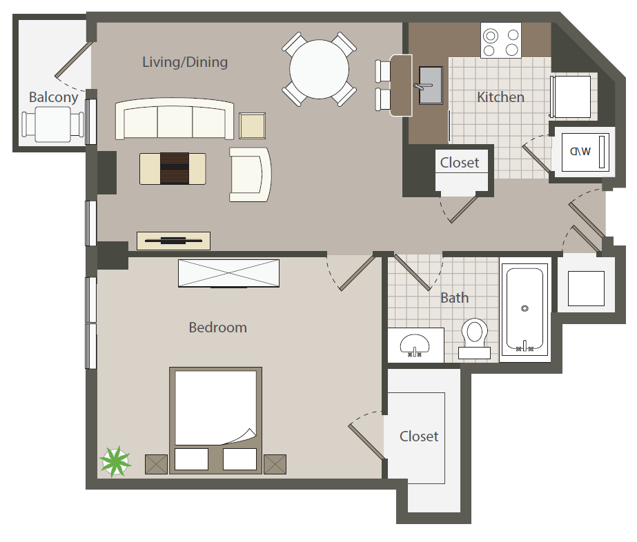 Floor plan for 1 bed, 1 bath, 649 sqft