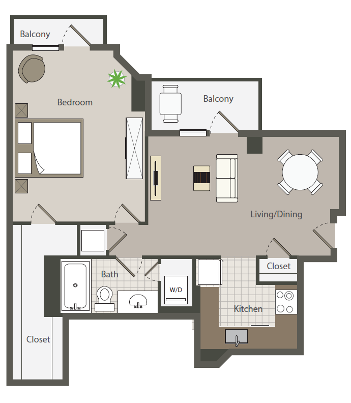 Floor plan for 1 bed, 1 bath, 731 sqft