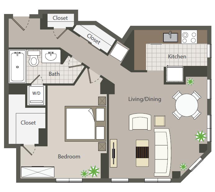 Floor plan for 1 bed, 1 bath, 741 sqft