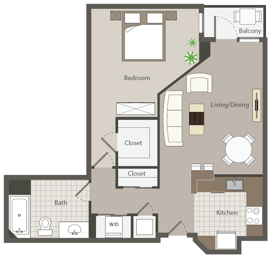 Floor plan for 1 bed, 1 bath, 742 sqft