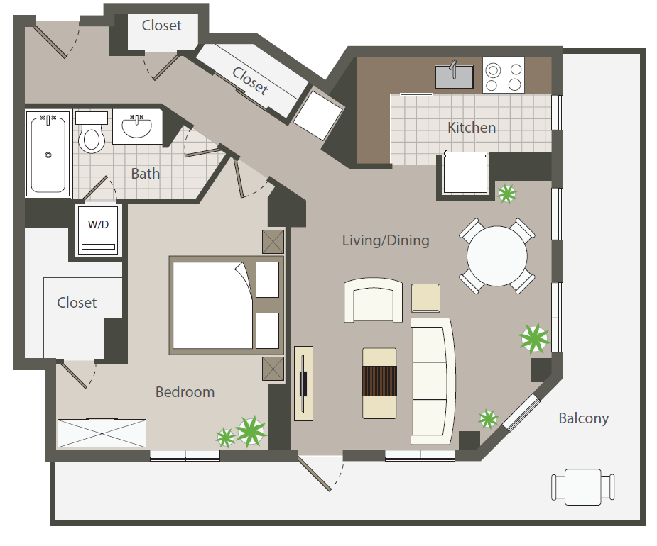 Floor plan for 1 bed, 1 bath, 746 sqft