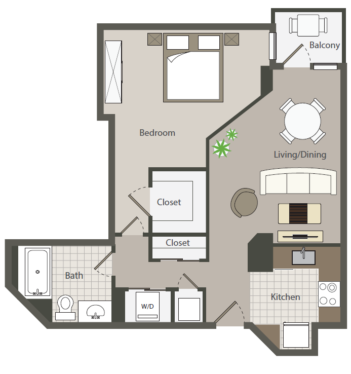 Floor plan for 1 bed, 1 bath, 761 sqft