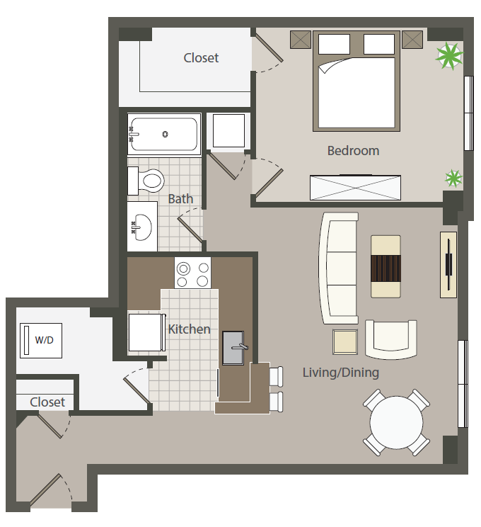 Floor plan for 1 bed, 1 bath, 764 sqft