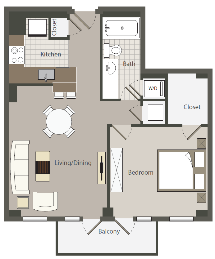 Floor plan for 1 bed, 1 bath, 766 sqft
