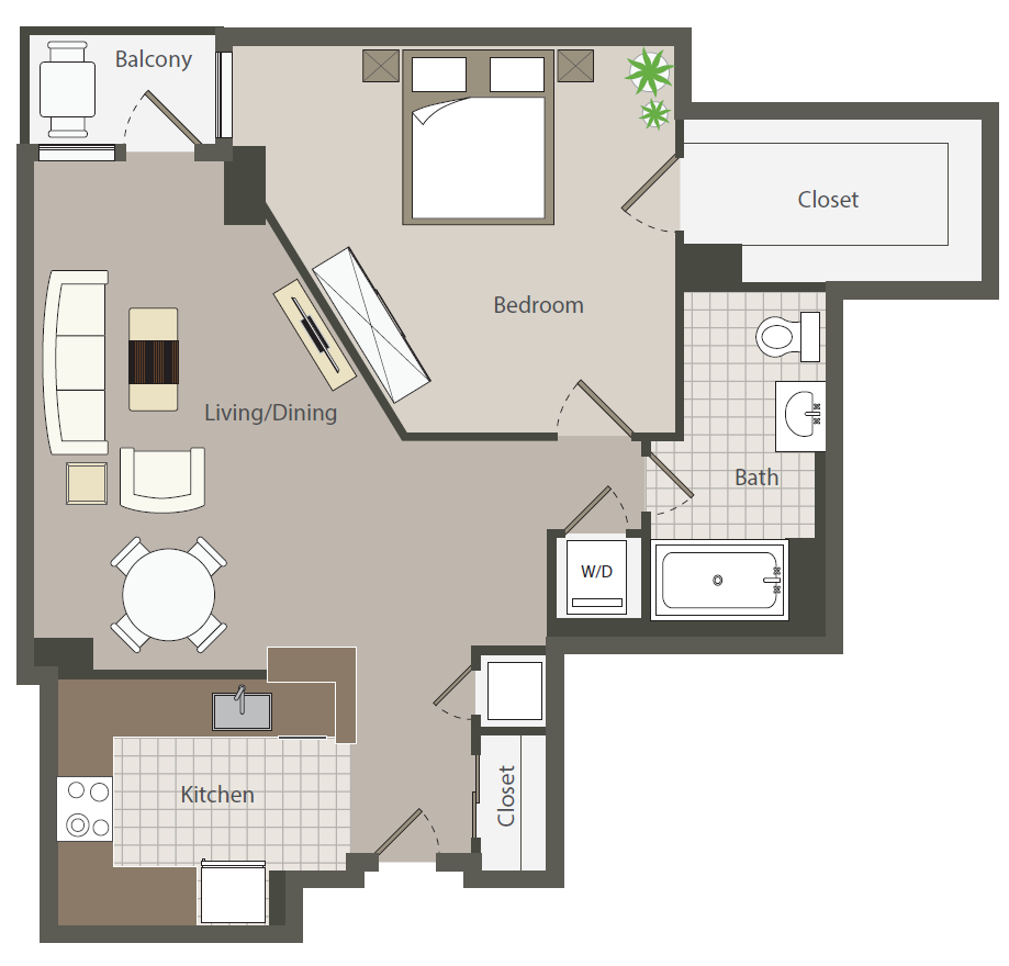 Floor plan for 1 bed, 1 bath, 794 sqft