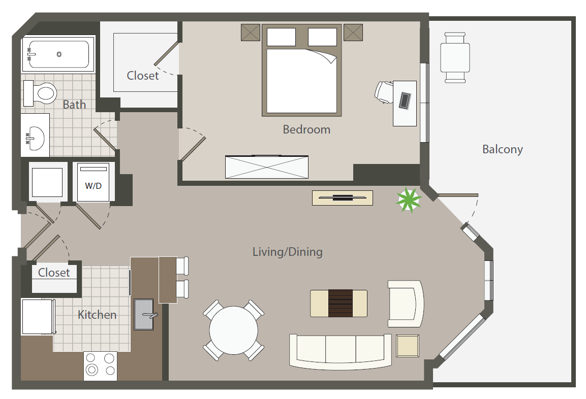 Floor plan for 1 bed, 1 bath, 796 sqft