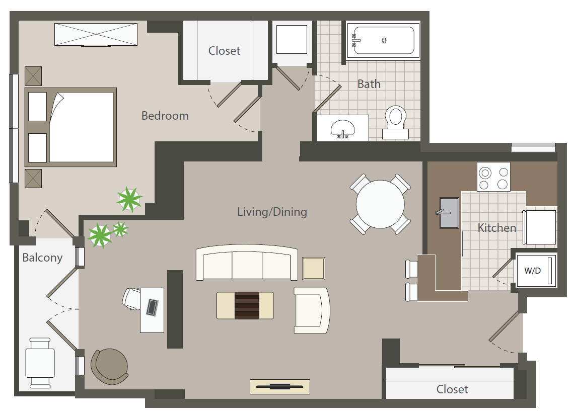 Floor plan for 1 bed, 1 bath, 819 sqft