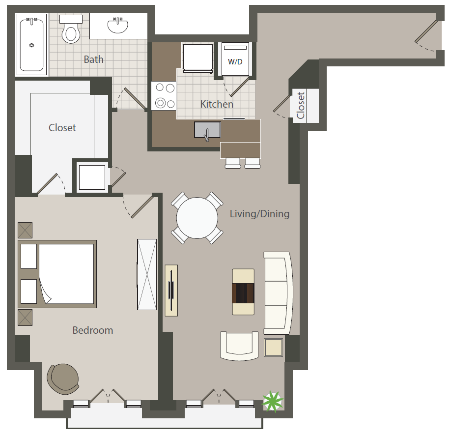 Floor plan for 1 bed, 1 bath, 842 sqft