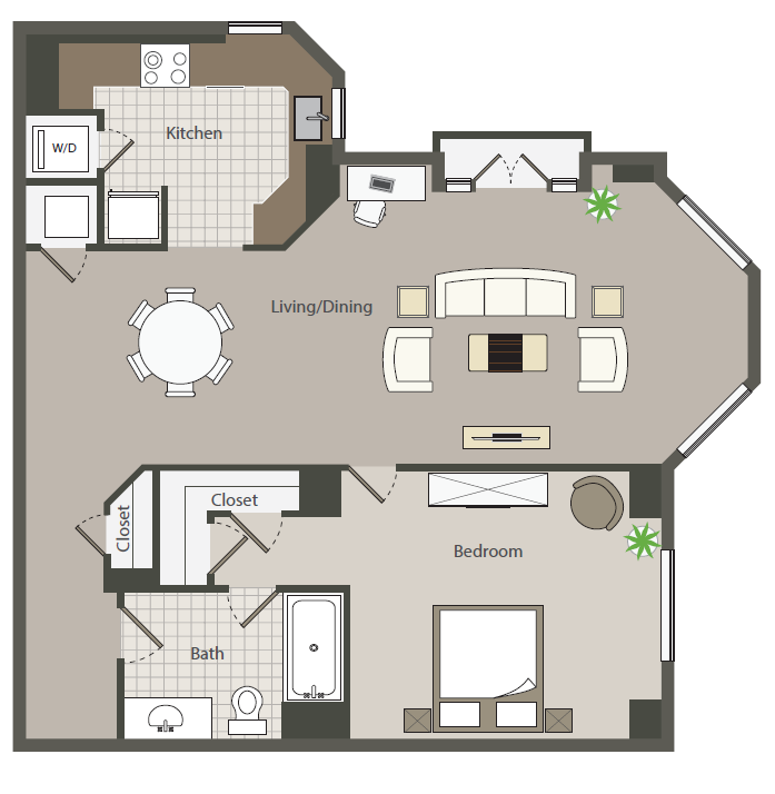 Floor plan for 1 bed, 1 bath, 890 sqft