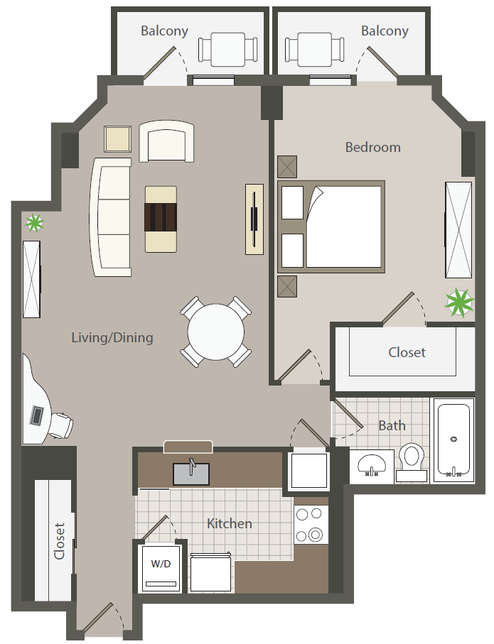 Floor plan for 1 bed, 1 bath, 890 sqft