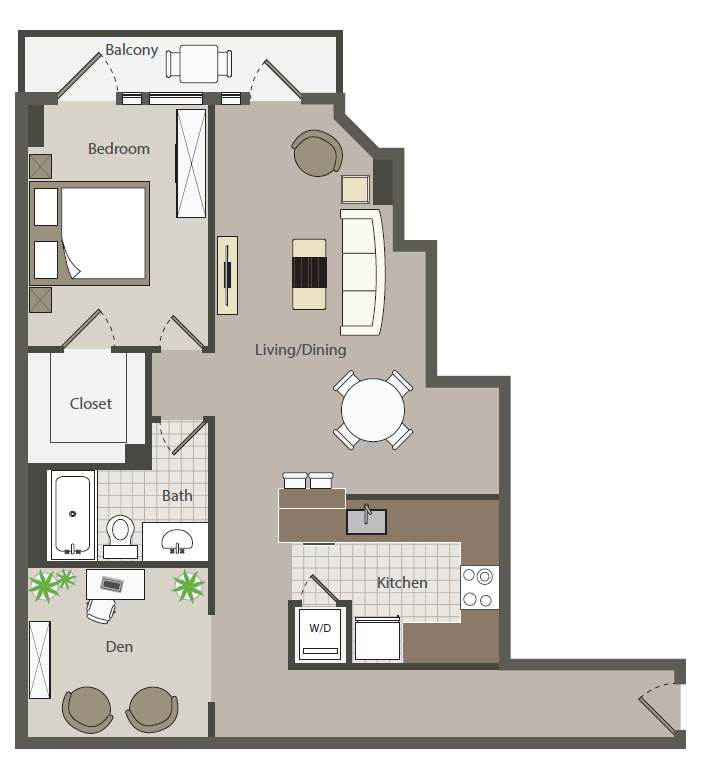 Floor plan for 1 bed, 1 bath, 891 sqft