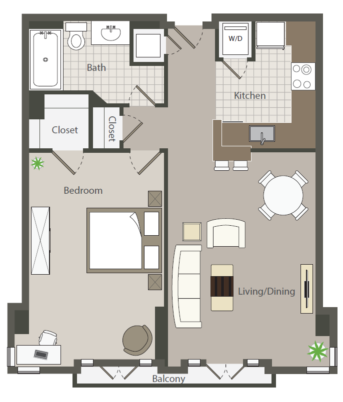 Floor plan for 1 bed, 1 bath, 726 sqft