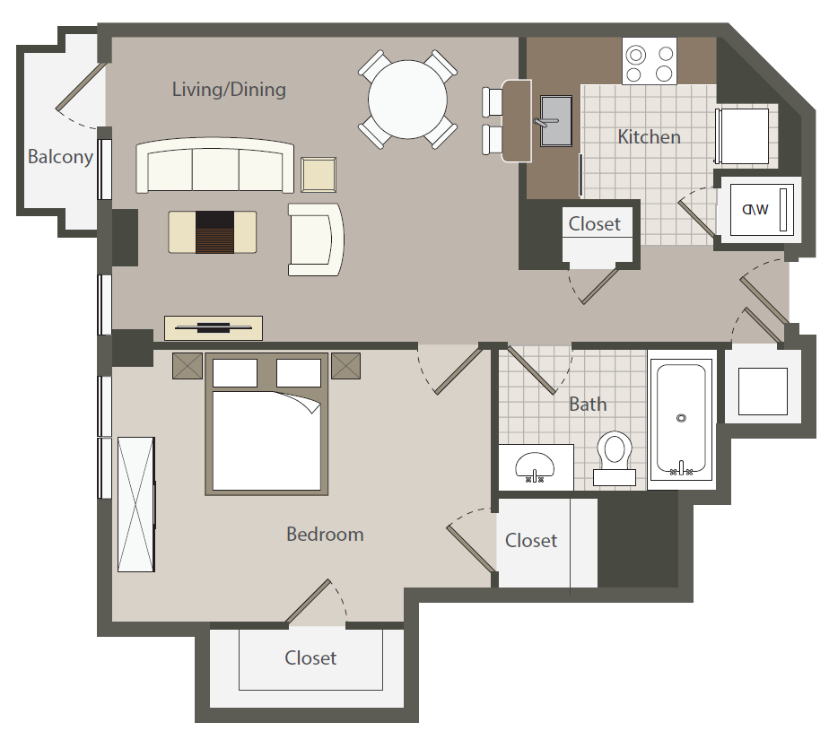 Floor plan for 1 bed, 1 bath, 569 sqft
