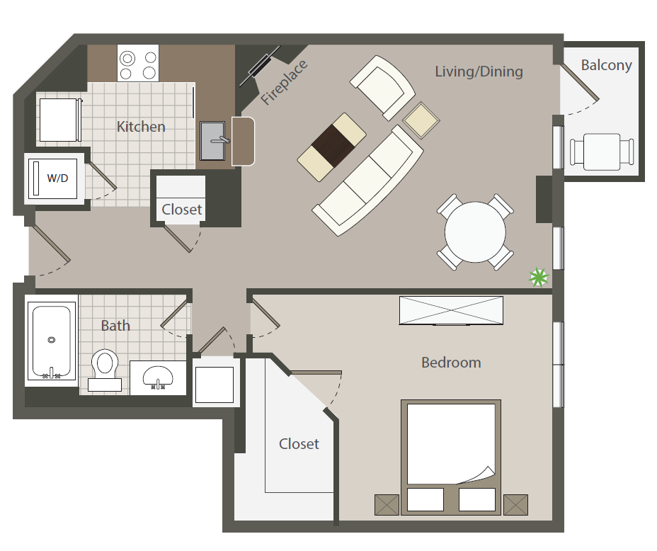Floor plan for 1 bed, 1 bath, 630 sqft