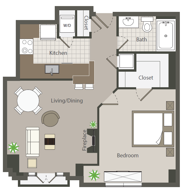 Floor plan for 1 bed, 1 bath, 620 sqft