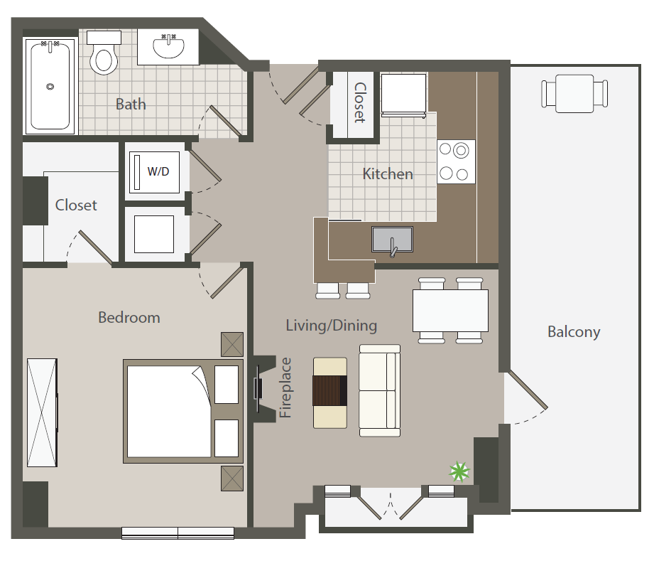 Floor plan for 1 bed, 1 bath, 626 sqft