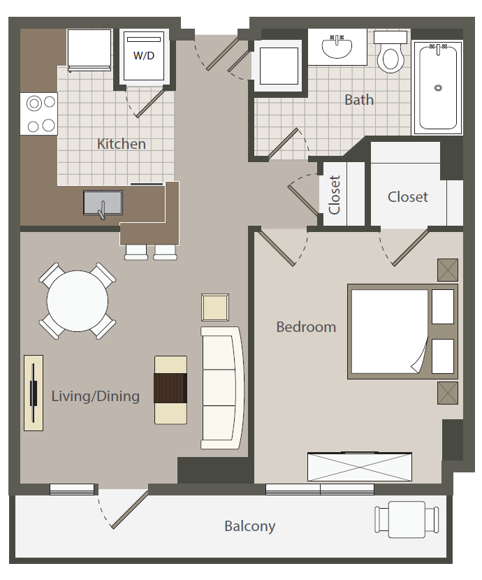 Floor plan for 1 bed, 1 bath, 580 sqft