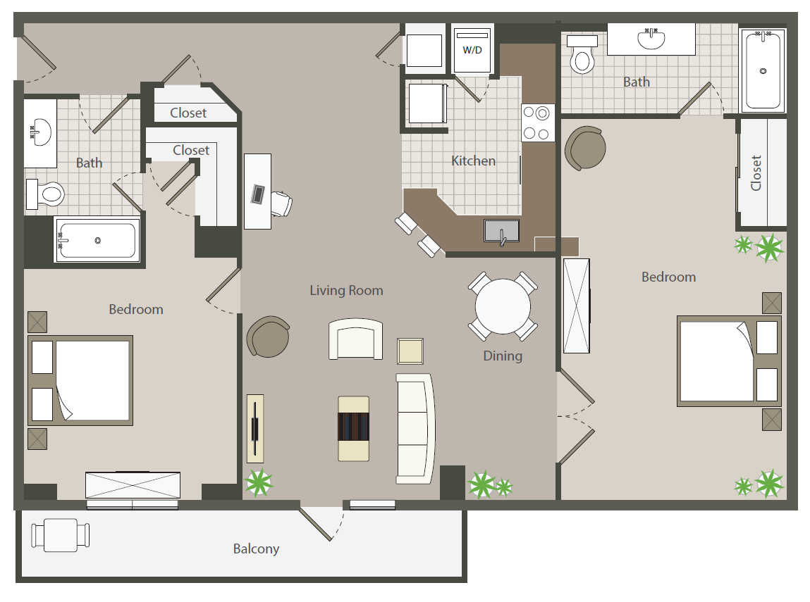 Floor plan for 2 beds, 2 baths, 1345 sqft