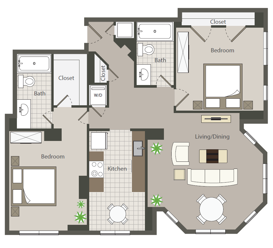 Floor plan for 2 beds, 2 baths, 1059 sqft